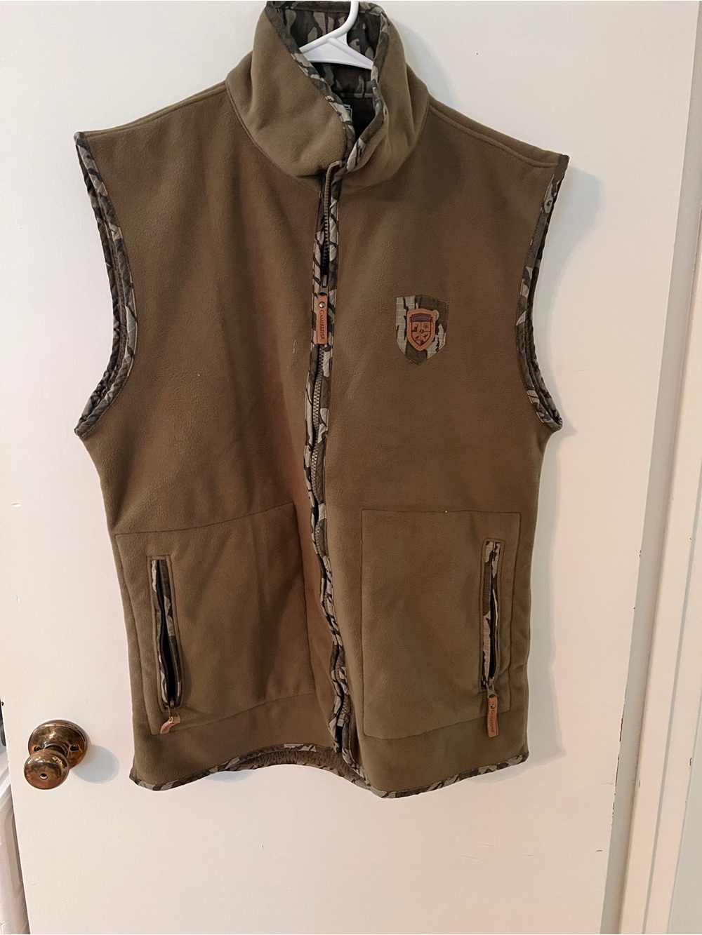 Men's Olive Green Fleece Vest with Camo Trim